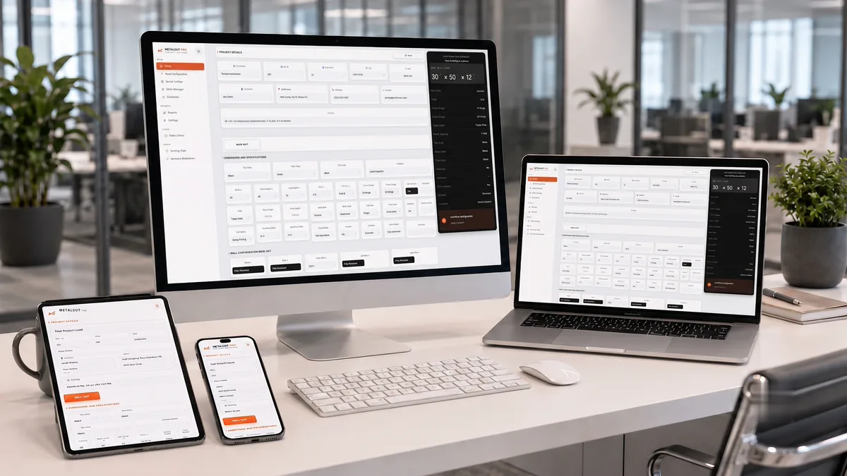 MetalCut Pro running simultaneously on a desktop monitor, laptop, tablet, and phone on an office desk