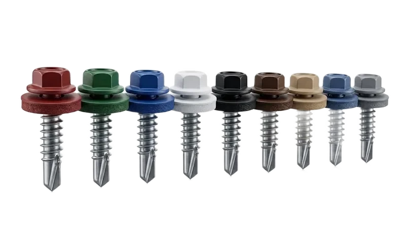 Color-matched metal building screws lined up